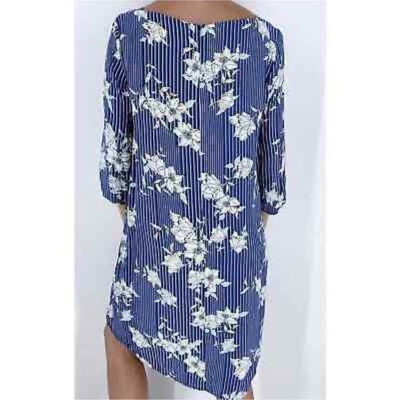 Halogen Blue and Cream Stripe with Floral Print 3/4 Sleeve Shift Dress | Size S - Picture 2 of 15